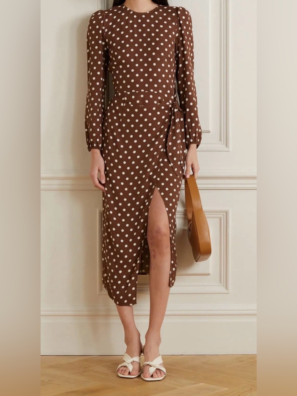 Reformation Reza Wrap-Effect Polka Dot Crepe Midi Dress Brown Size 2